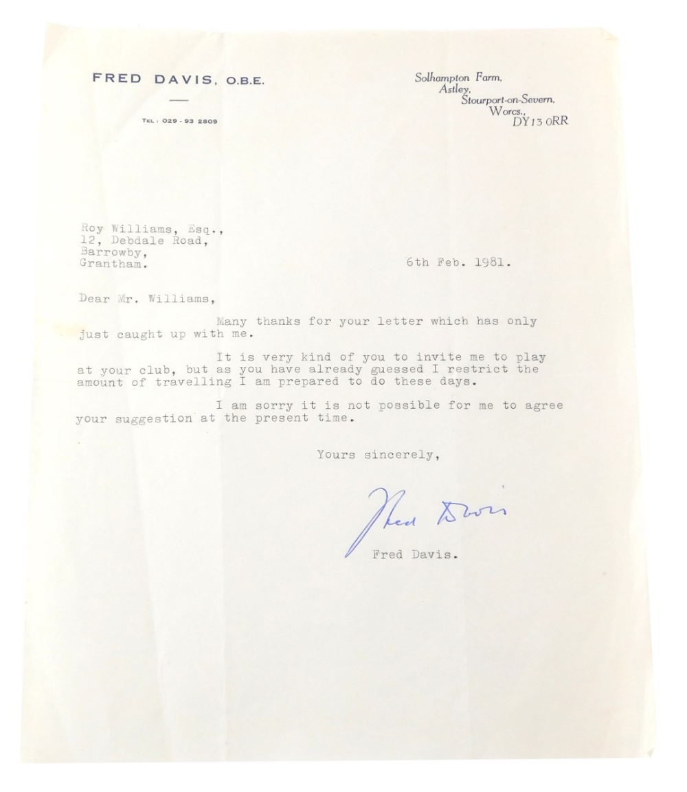 Snooker interest. A typed letter from Fred Davis OBE dated 6th February 1981, regarding an invitatio