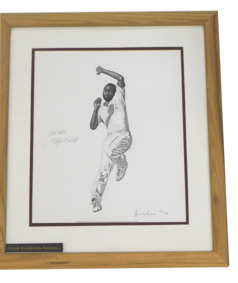 David Byrne (20thC), Malcolm Marshall bowling, artist signed limited edition print 351 of 500, signe