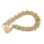 A 9ct gold bracelet, with textured strap and heart shaped clasp, 14cm long, 8g.