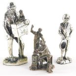 A base metal silver finish figure, of a gentleman holding box and monkey, 10cm high, three further f