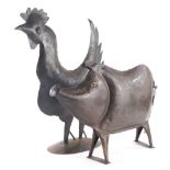 A forged metal cockerel, on domed base, 47cm high and another figure of a pig. (2)