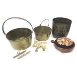 Various brassware, a jam pan with iron handle, 36cm diameter, cylindrical eastern coal bucket, mahog