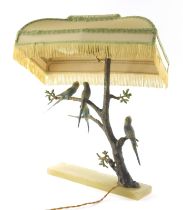 A 1920s cold painted bronze table lamp, set with four budgerigars on entwined floral branches and a