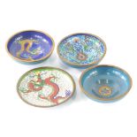 Various Chinese cloisonne dishes, 9cm diameter, to include one in blue with yellow and blue centre.