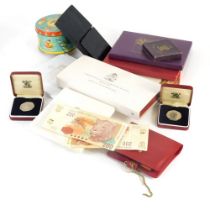 Various coins, coin sets, banknotes etc., to include a Panama 20 Balboas proof coin, 1973, a 1970 Co