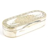 A 19thC oval silver plated snuff box, presented to J Gamble, with etched lid, thumb mould handle and