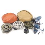 Various fishing reels and Alcock Stanton centre pin, 15cm high, associated case, various others and