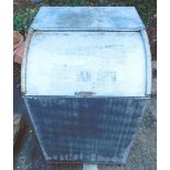 A galvanised workshop bin or container, with sliding lid, on castors, 96cm high, 57cm wide.