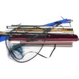 Various fishing rods, Berkley Phazer three piece graphite rod, landing net, various other rods, Airf