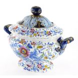 A 19thC pearlware tureen, of oval form, with domed lid, profusely decorated with flowers with gilt h