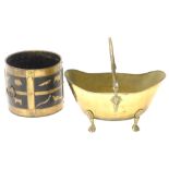 A brass coal scuttle, on paw feet and Eastern hardwood and brass waste paper or coal bucket, 25cm hi