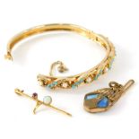 A fancy bangle, set with turquoise and claw set with pearls, marks rubbed, a bar brooch and an Art N