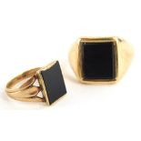 A 9ct gents signet ring, set with oval black stone, size R-S, and another, 8g all in. (2)