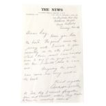 Cricket Interest. A handwritten letter on The News headed paper, from Ashley Mallet, thanking the re