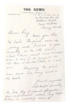 Cricket Interest. A handwritten letter on The News headed paper, from Ashley Mallet, thanking the re
