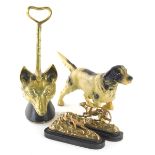 Various brass ware, metal ware, etc., hunting related, a brass fox door stop, two miniature door sto