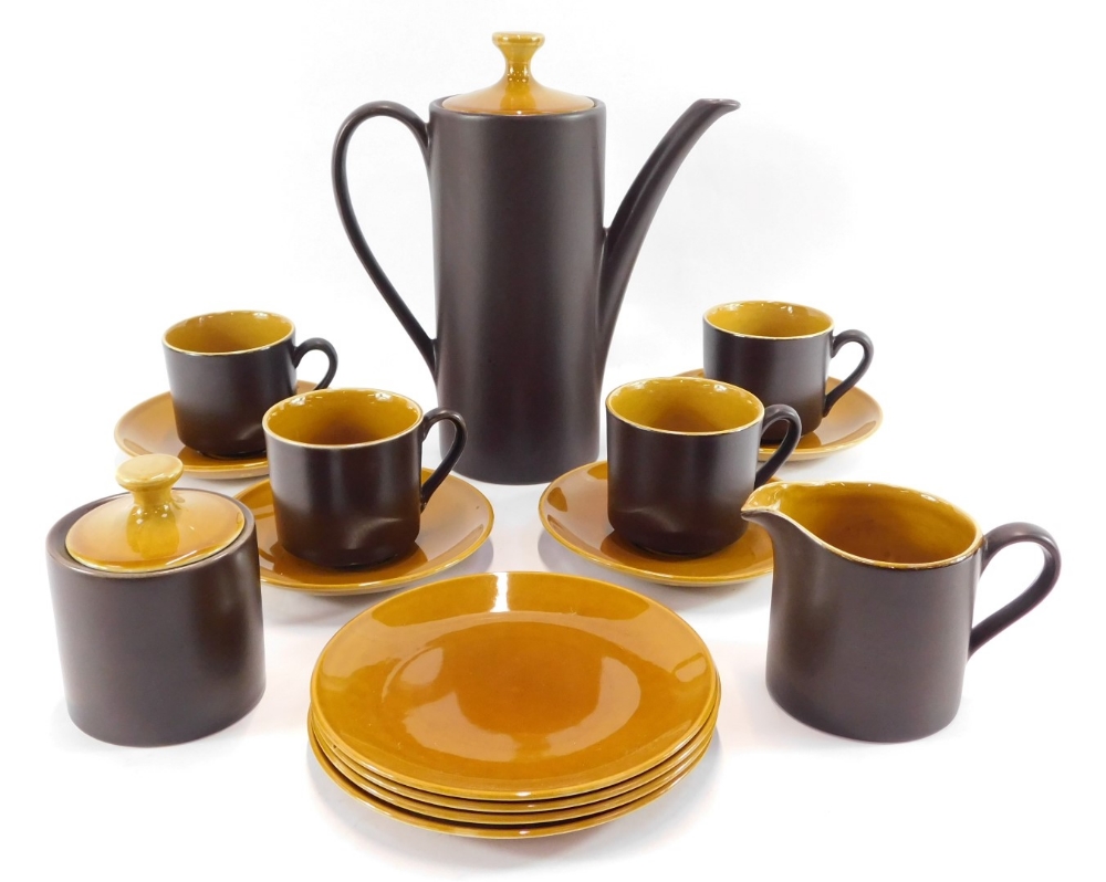 A Myott Intone 1970's brown glazed coffee service, comprising coffee pot, five cups, four saucers, f