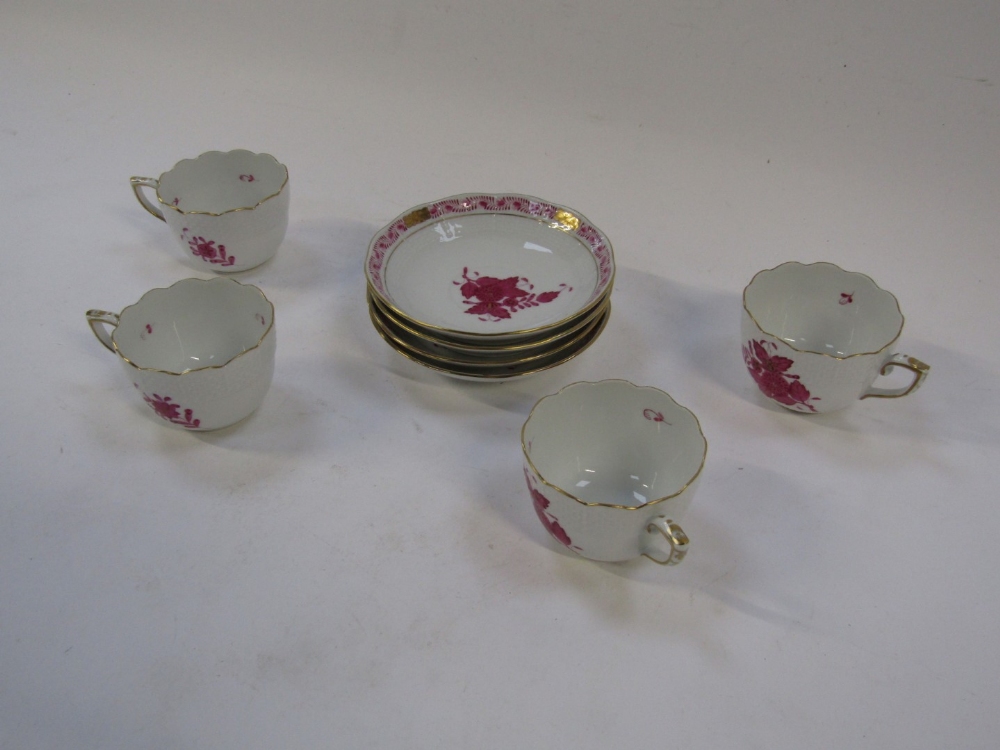 A set of four Herend of Hungary coffee cups and saucers, each with a fluted top and hatched basket d - Image 2 of 5