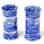 A pair of Copeland Spode's Italian blue and white spill vases, of cylindrical form, oval blue printe