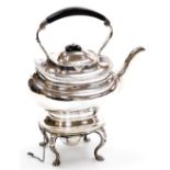 An Edward VII silver spirit kettle on stand, the kettle with an ebonised knop and handle and gadroon