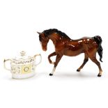 A Beswick porcelain figure of a horse, 18cm high, and a Royal Crown Derby green Derby Panel pattern