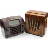 A GEC Bakelite cased radio, model number BC4940, 39cm wide, and an Art Deco style speaker, 40cm high