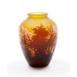 A Galle style cameo glass vase, with acid etched decoration of an alpine mountainous landscape, 10cm