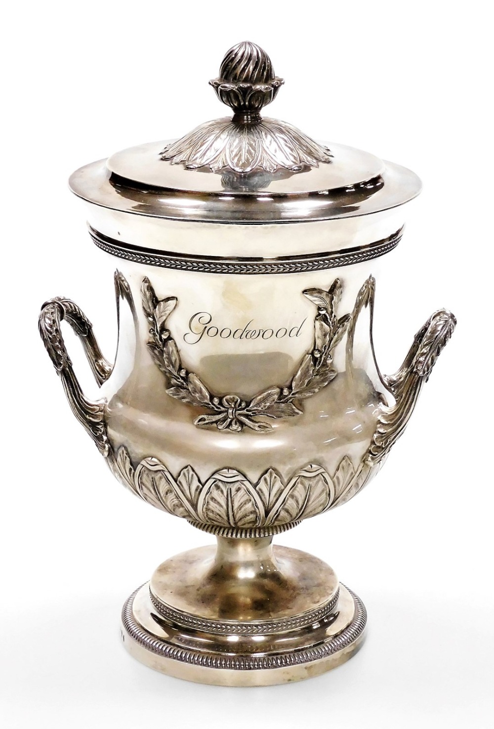 A George III silver twin handled trophy and cover, engraved Goodwood, verso Chesterfield Cup, the li