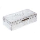 A George V silver cigarette box, of rectangular form, bearing inscription 'To Harry Fayers gratefull