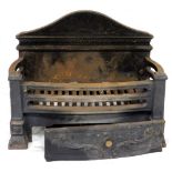 A cast iron fire grate, the back with raised sunrise decoration and a repeat border, with lower draw