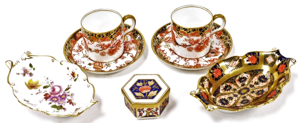 A group of Royal Crown Derby porcelain, a pair of coffee cans and saucers, in the Imari pattern with
