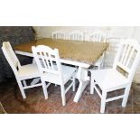 A white painted kitchen or refectory table, with red granite rectangular top, the top 85cm x 150cm,