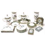 A group of Wedgwood porcelain decorated in the Humming Birds pattern, comprising a mantel clock, pai