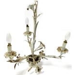 An early 20thC painted wrought iron three branch light fitting, decorated with flowers, leaves, etc.