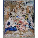 A Victorian tapestry panel, depicting card players and mother and child, 83cm x 68cm.