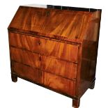 A 19thC Continental mahogany bureau, the fall enclosing a fitted interior above three drawers, on bl