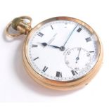 A 9ct gold open faced pocket watch, the 4cm dia. dial with Roman numerals and subsidiary Arabic seco
