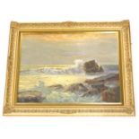 20thC school. Twilight seascape, stormy seas and rocks, oil on canvas, unsigned, 57cm x 82cm.