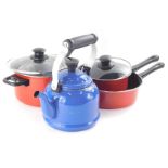 A Le Creuset kettle, in blue, 26cm high, and various other similar saucepans, in red, unmarked. (a q