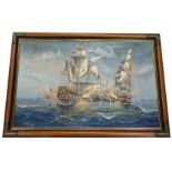J Harvey (20thC). Ships at war on stormy seas, oil on canvas, signed, 50cm x 76cm.