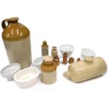 Various stoneware, advertising bottles, two coloured Hawkes Thames Ditton stoneware bottle with stop