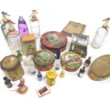 Various tins, glassware advertising soda syphons, 34cm high, etc., alcohol miniatures, etc. (a quan