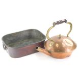A rectangular copper pan with side handles, 36cm wide and a copper and brass kettle with turned wood