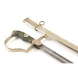 A dress sword with turned handle, shaped guard and etched blade with chrome scabbard, 88cm long.