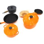 Various Le Creuset and other pans, etc., small frying pan, 30cm wide, lidded dish, various other ite
