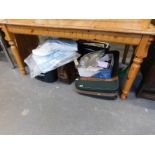 Various suitcases, Christmas decorations, linen, projector screen, travel cases, to include vintage