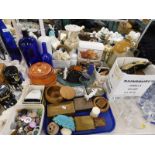 Various Bristol blue style and other glassware, pottery items, various boxes, treen, etc., stoneware