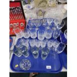 Various drinking glasses, crystal glass ware, drink sets, etc. (2 trays)
