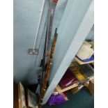 A pair of HRP Dynastar skis, fishing rods, etc. (a quantity)