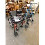 A Folding wheelchair, a Caremart Litewalk mobility walker, 90cm high, and another. (a quantity)